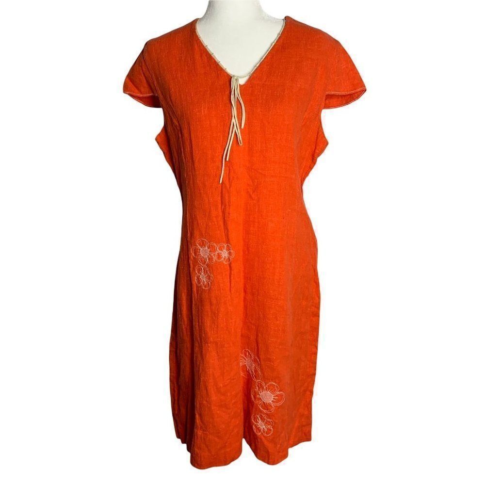 Vintage 80s Harve Benard Linen Shift Dress M Orange Leather Accents